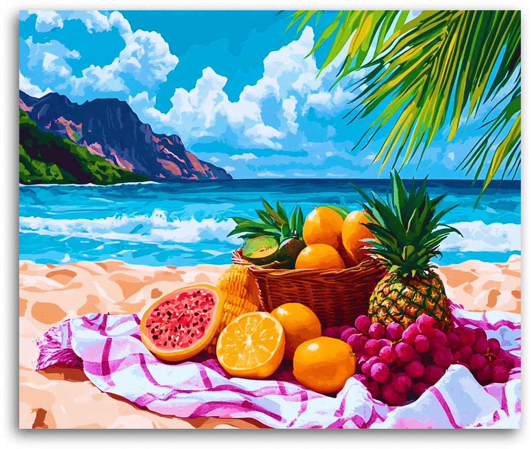 A Tropical Fruit Basket by the Sea - Paint by Numbers