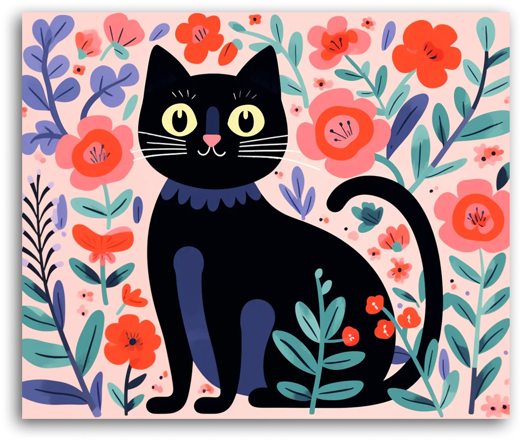 Floral Black Cat - Paint by Numbers