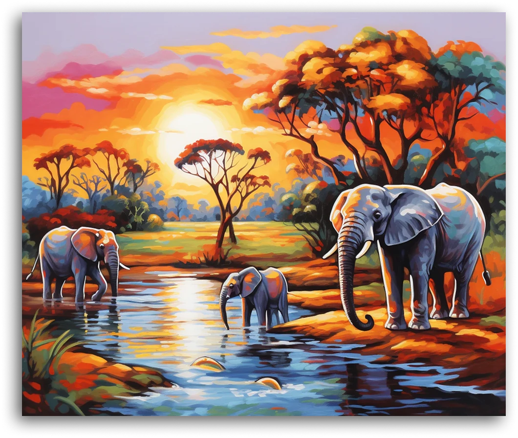 Savannah Sunset with Elephants - Paint by Numbers